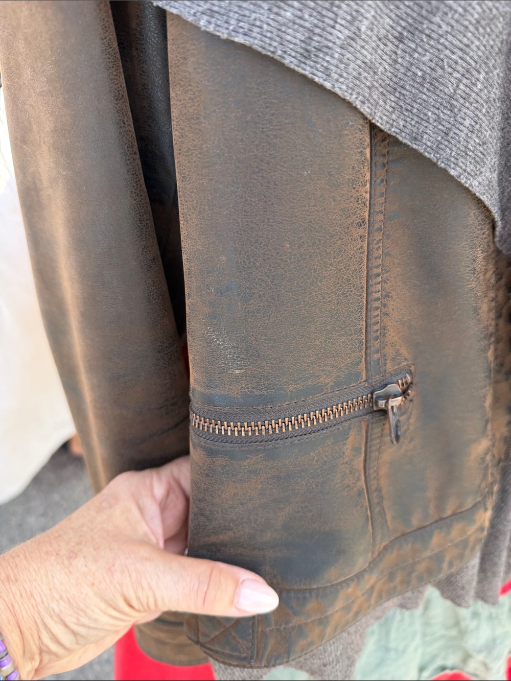 Women's Brown Distressed Leather Jacket with Gray Knit Hooded Trim - Picture 4 of 6